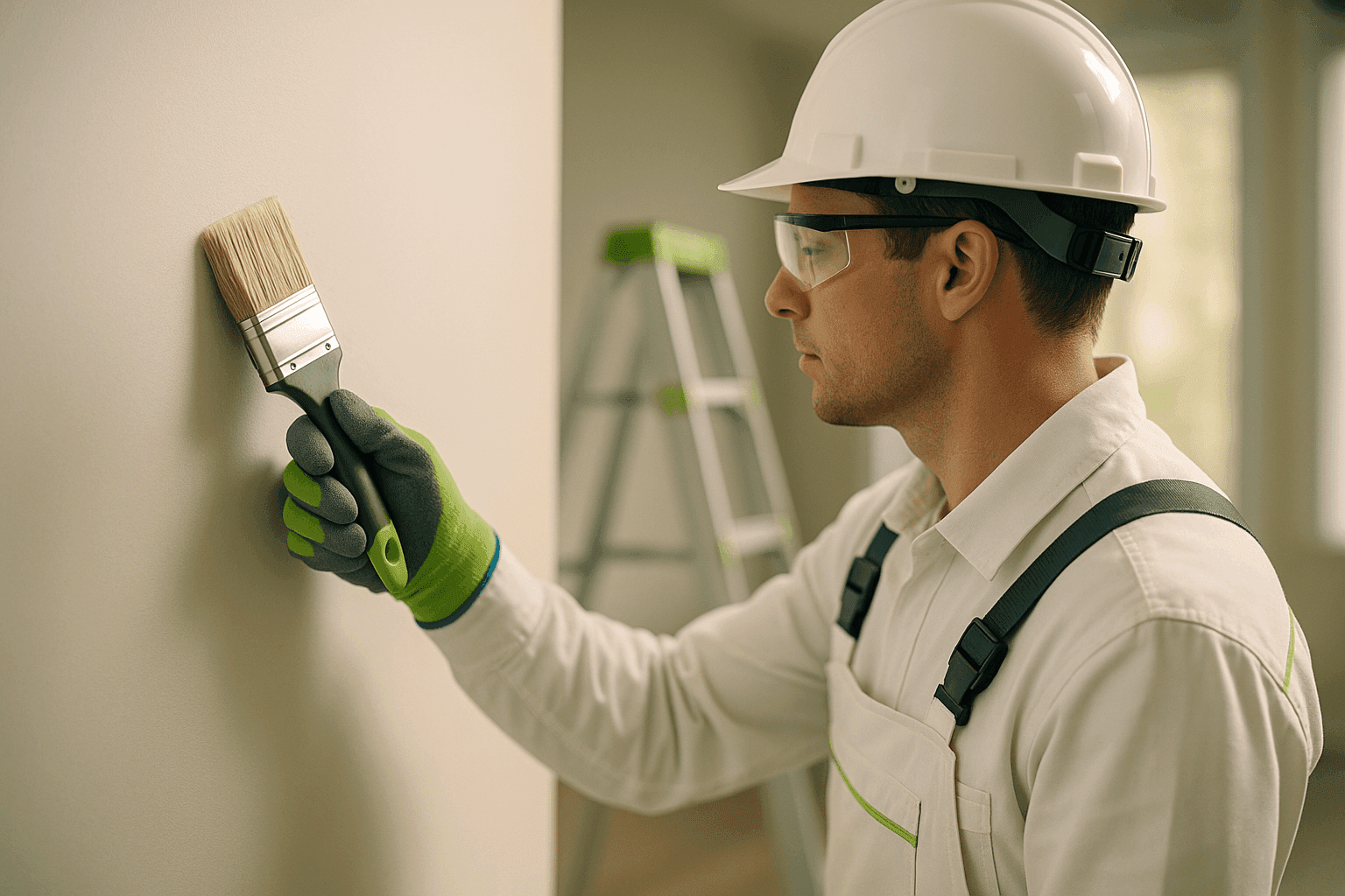 Professional painter wearing safety gear applying paint on smooth wall at tidy site