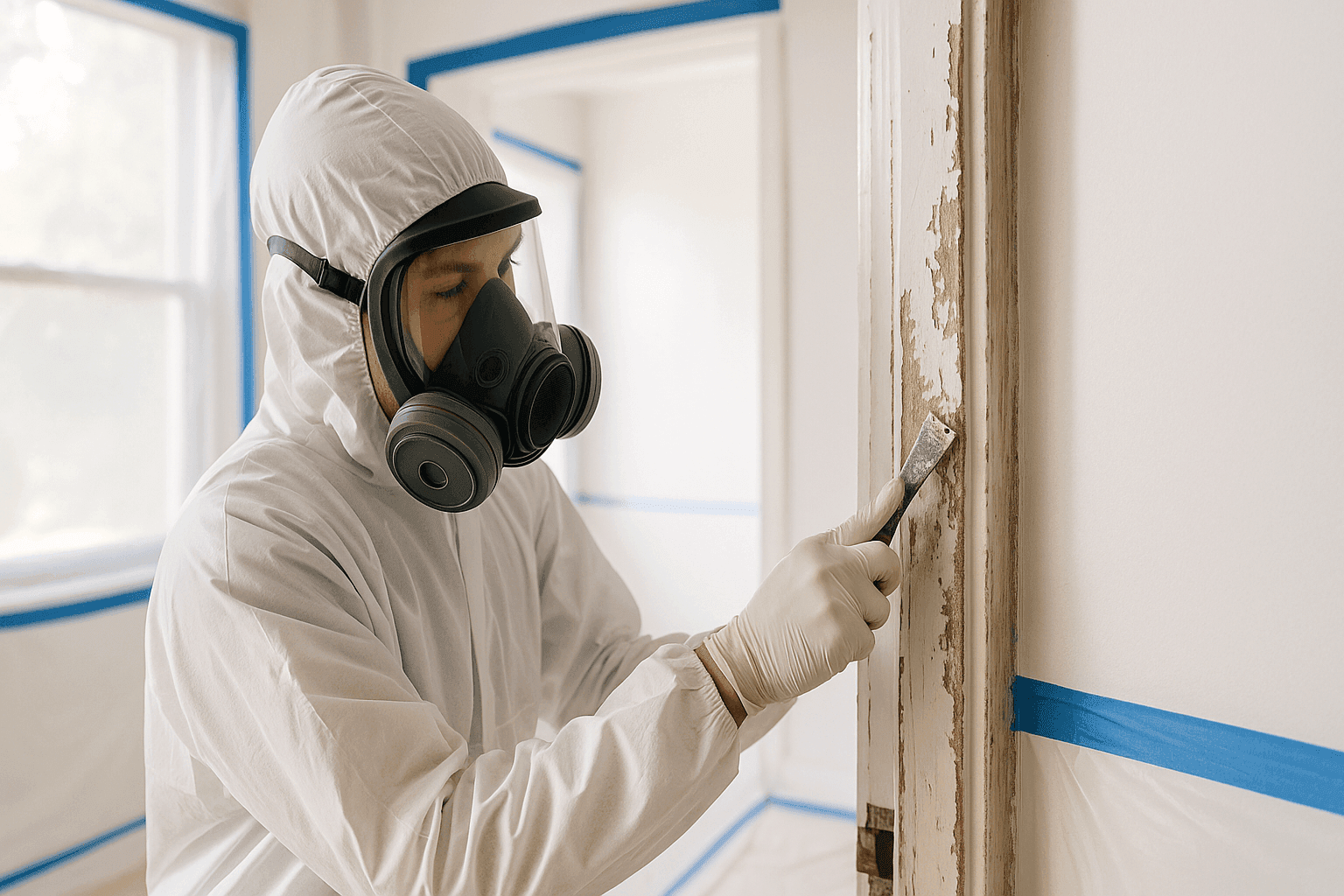 Technician safely removing lead paint with full protective gear